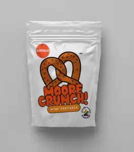 shiny white bag with cute picture of brown pretzel with orange words saying Moore Crunch Mini Pretzels Buffalo 